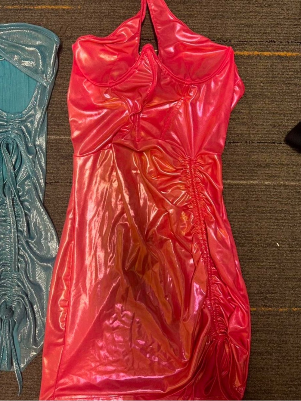 Bear Dance Shimmer Halter Mini Dress - Teal and Hot Pink - Picture 3 of 3